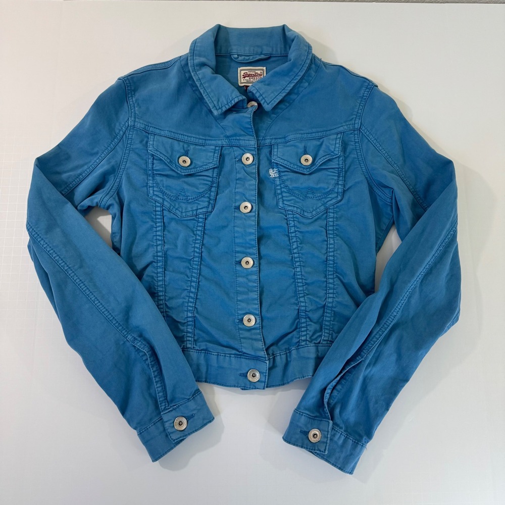 Superdry Vintage Jacket Women's size Medium Vibrant Blue Cropped Denim, Slim Fit